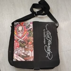 Ed Hardy Black Messenger Bag with Multicolor Skull Panel